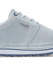Straight Down Harbour Knit Hybrid Golf Shoe in Silver, close-up lateral side detail view featuring light gray knit upper, silver Straight Down wing logo badge, white laces, and navy stripe midsole accent