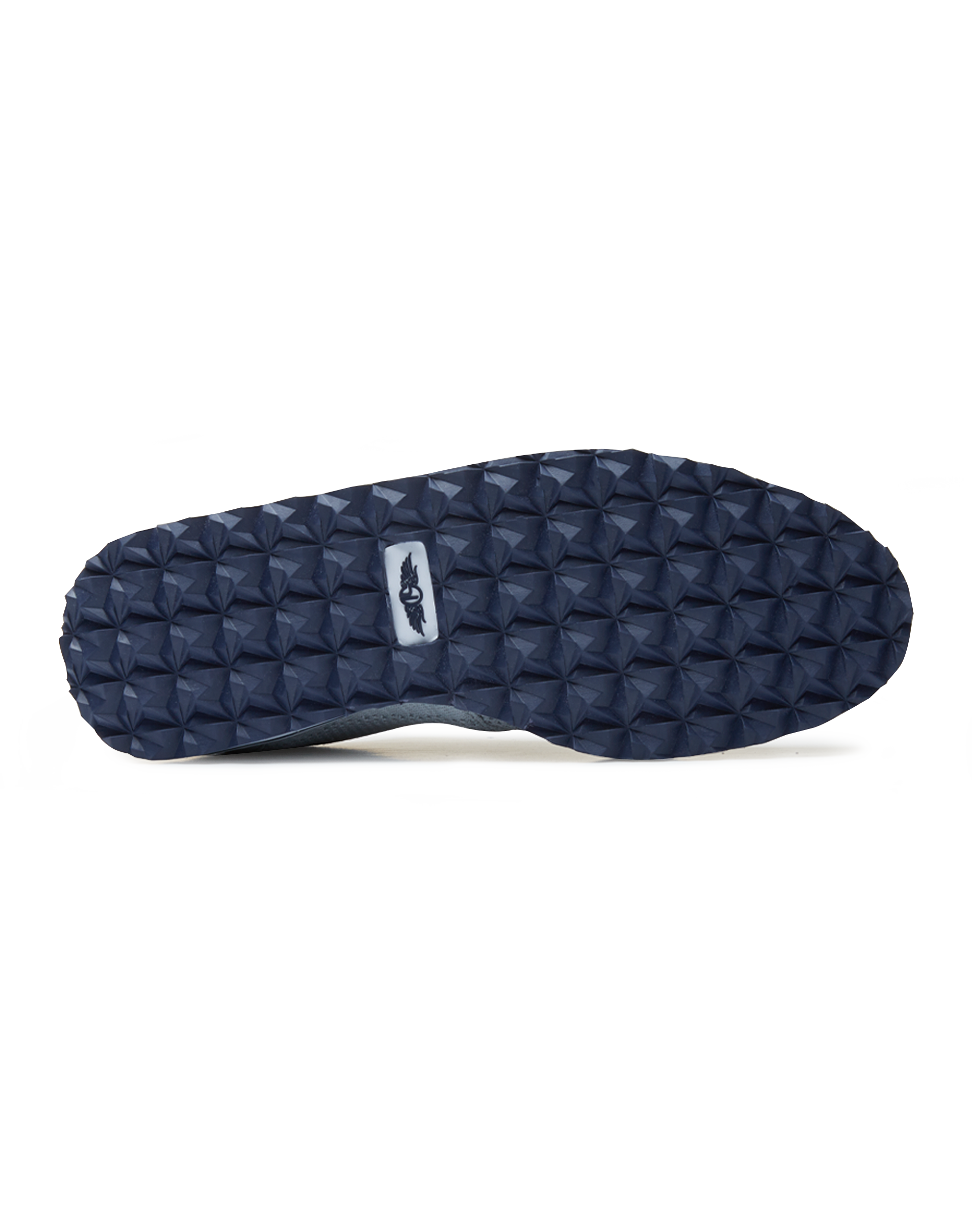Straight Down Harbour Knit Hybrid Golf Shoe in Silver, bottom sole view featuring navy geometric pyramid traction outsole with light gray Straight Down wing logo badge at arch