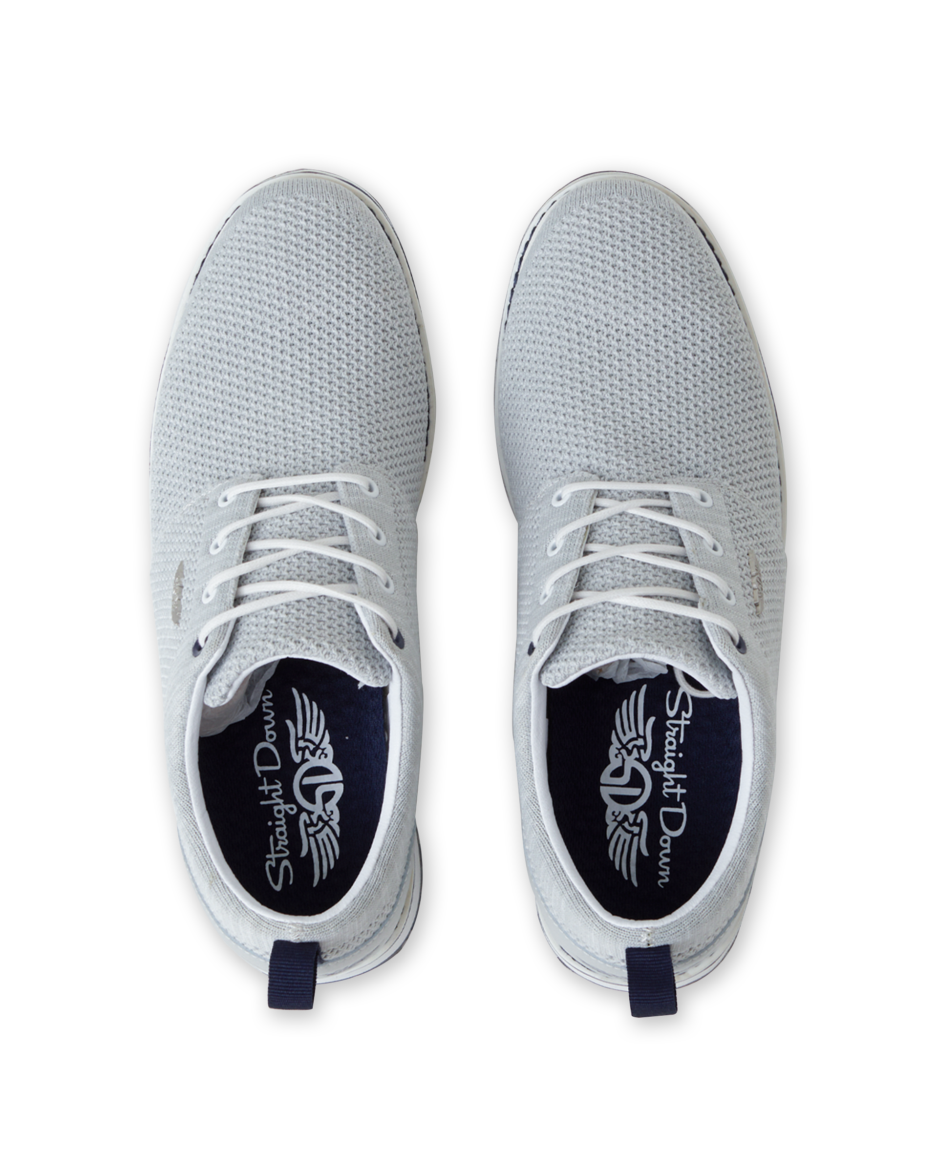 Straight Down Harbour Knit Hybrid Golf Shoe in Silver, top-down view of pair featuring light gray knit upper, white laces, navy heel pull tab, and navy Straight Down wing logo insole