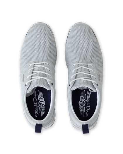 Straight Down Harbour Knit Hybrid Golf Shoe in Silver, top-down view of pair featuring light gray knit upper, white laces, navy heel pull tab, and navy Straight Down wing logo insole