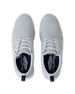 Straight Down Harbour Knit Hybrid Golf Shoe in Silver, top-down view of pair featuring light gray knit upper, white laces, navy heel pull tab, and navy Straight Down wing logo insole