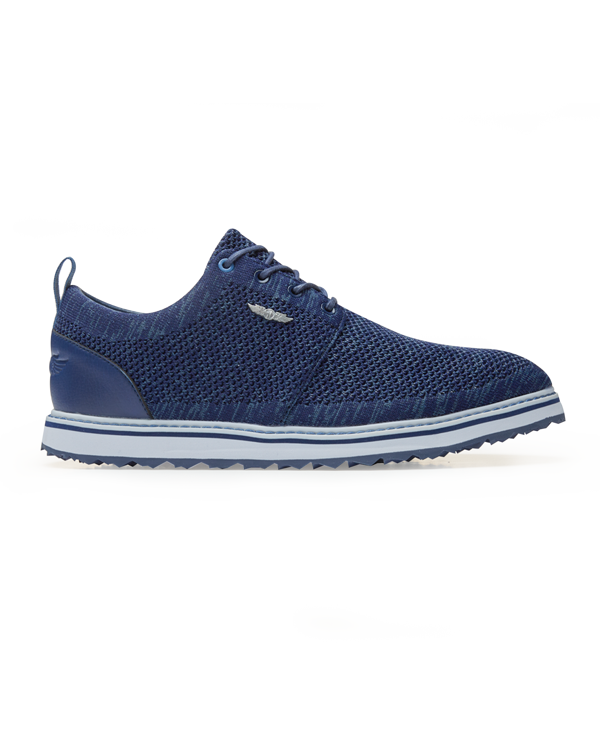 Straight Down Harbour Knit Hybrid Golf Shoe in New Indigo, lateral side profile view featuring navy knit upper, silver Straight Down wing logo badge, navy laces, white midsole with navy stripe accent, and navy traction outsole