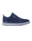 Straight Down Harbour Knit Hybrid Golf Shoe in New Indigo, lateral side profile view featuring navy knit upper, silver Straight Down wing logo badge, navy laces, white midsole with navy stripe accent, and navy traction outsole