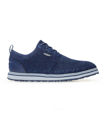 Straight Down Harbour Knit Hybrid Golf Shoe in New Indigo, lateral side profile view featuring navy knit upper, silver Straight Down wing logo badge, navy laces, white midsole with navy stripe accent, and navy traction outsole