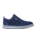 Straight Down Harbour Knit Hybrid Golf Shoe in New Indigo, lateral side profile view featuring navy knit upper, silver Straight Down wing logo badge, navy laces, white midsole with navy stripe accent, and navy traction outsole
