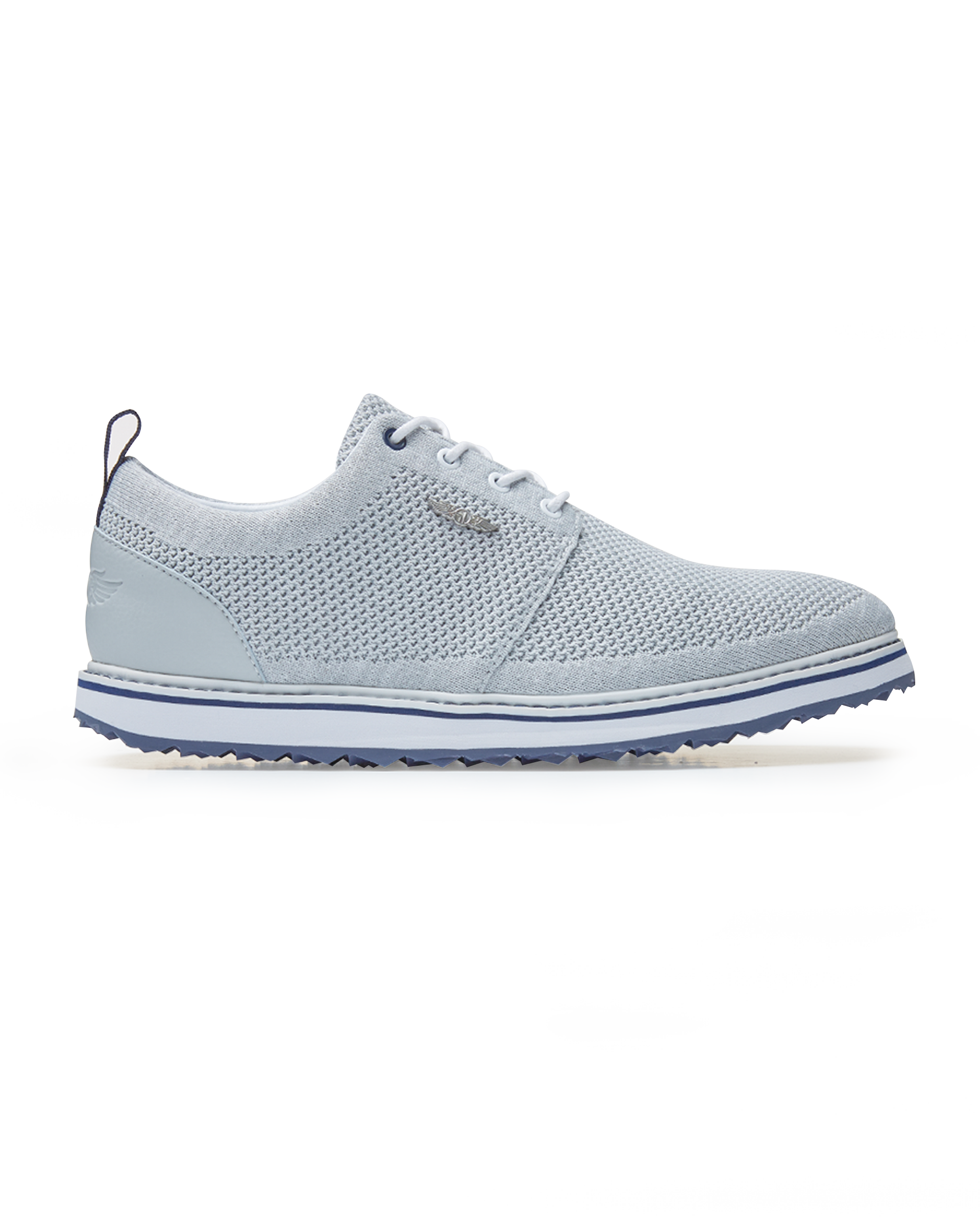 Straight Down Harbour Knit Hybrid Golf Shoe in Silver, lateral side profile view featuring light gray knit upper, silver Straight Down wing logo badge, white laces, white midsole with navy stripe accent, and navy traction outsole