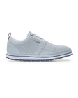 Straight Down Harbour Knit Hybrid Golf Shoe in Silver, lateral side profile view featuring light gray knit upper, silver Straight Down wing logo badge, white laces, white midsole with navy stripe accent, and navy traction outsole