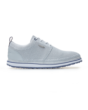 Straight Down Harbour Knit Hybrid Golf Shoe in Silver, lateral side profile view featuring light gray knit upper, silver Straight Down wing logo badge, white laces, white midsole with navy stripe accent, and navy traction outsole