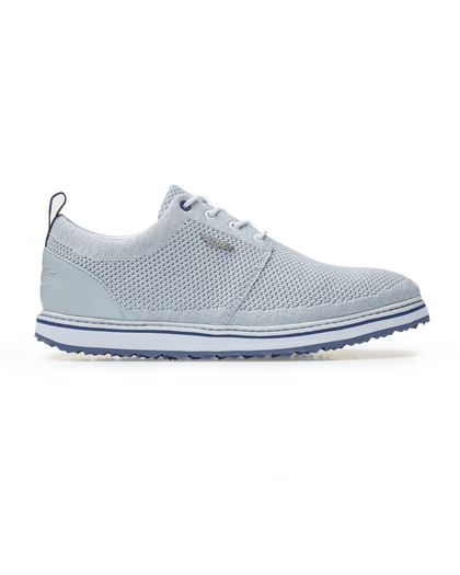 Straight Down Harbour Knit Hybrid Golf Shoe in Silver, lateral side profile view featuring light gray knit upper, silver Straight Down wing logo badge, white laces, white midsole with navy stripe accent, and navy traction outsole