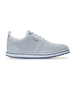 Straight Down Harbour Knit Hybrid Golf Shoe in Silver, lateral side profile view featuring light gray knit upper, silver Straight Down wing logo badge, white laces, white midsole with navy stripe accent, and navy traction outsole