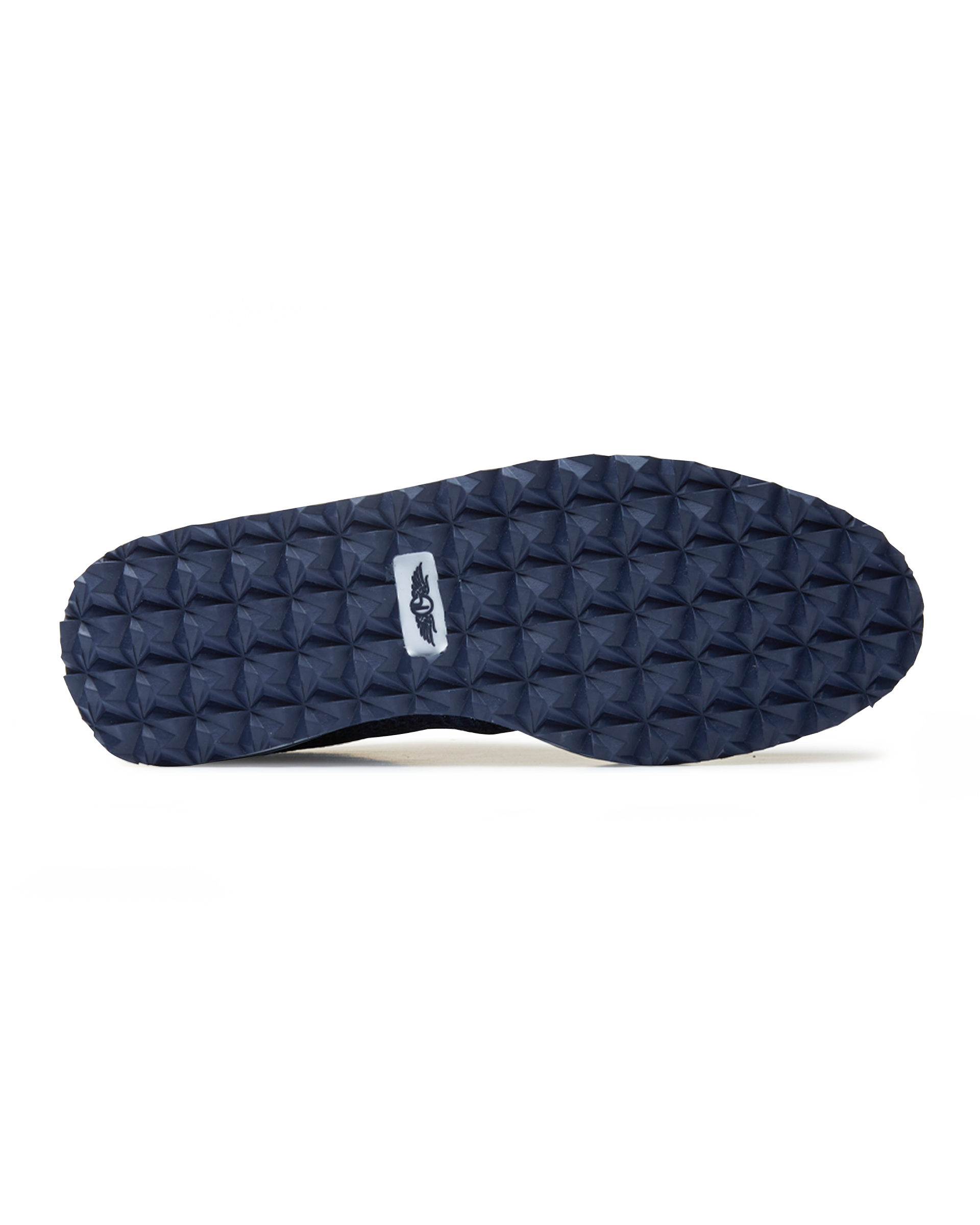 Straight Down Harbour Knit Hybrid Golf Shoe in New Indigo, bottom sole view featuring navy geometric pyramid traction outsole with Straight Down wing logo badge at arch