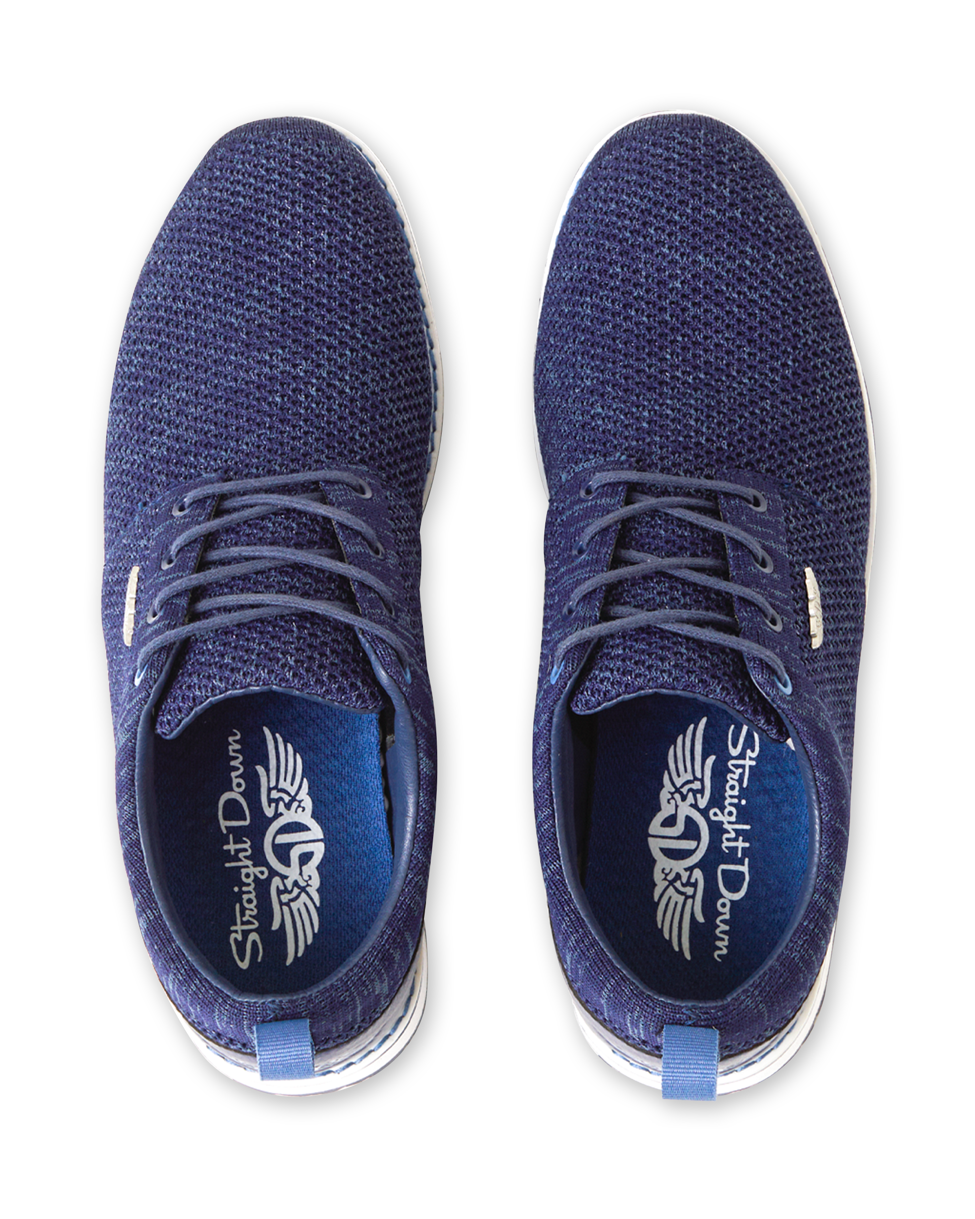 Straight Down Harbour Knit Hybrid Golf Shoe in New Indigo, top-down view of pair featuring navy knit upper, navy laces, navy heel pull tab, and blue Straight Down wing logo insole