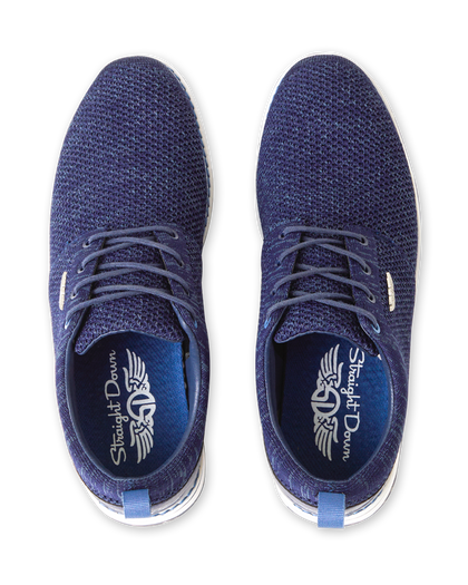 Straight Down Harbour Knit Hybrid Golf Shoe in New Indigo, top-down view of pair featuring navy knit upper, navy laces, navy heel pull tab, and blue Straight Down wing logo insole