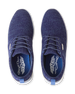 Straight Down Harbour Knit Hybrid Golf Shoe in New Indigo, top-down view of pair featuring navy knit upper, navy laces, navy heel pull tab, and blue Straight Down wing logo insole