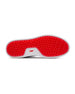 Straight Down Boardwalk Golf Shoe in Federal, bottom sole view featuring solid red circular traction nub outsole with white arch bridge and red Straight Down wing logo badge at center