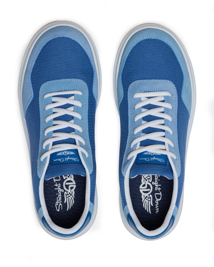Straight Down Boardwalk Golf Shoe in Federal, top-down view of pair featuring medium blue canvas upper, light blue suede overlays, white laces, blue Straight Down tongue tab, and navy Straight Down wing logo insole