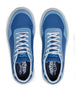 Straight Down Boardwalk Golf Shoe in Federal, top-down view of pair featuring medium blue canvas upper, light blue suede overlays, white laces, blue Straight Down tongue tab, and navy Straight Down wing logo insole