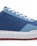 Straight Down Boardwalk Golf Shoe in Federal, close-up lateral side detail view featuring medium blue canvas upper, light blue suede lace overlay and heel panel, white laces, and red traction outsole