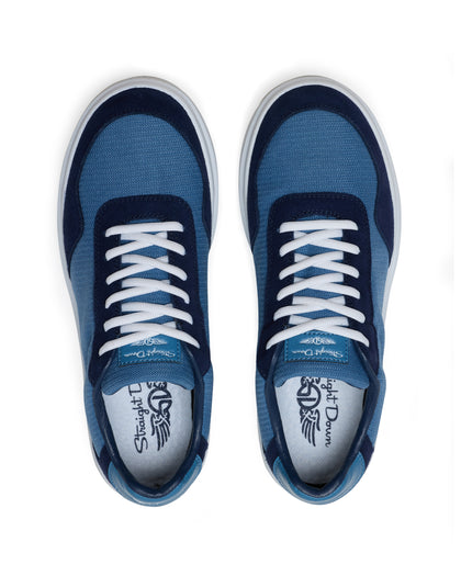 Straight Down Boardwalk Golf Shoe in Petrol, top-down view of pair featuring medium blue canvas upper, navy suede overlays, white laces, and light blue Straight Down wing logo insole