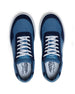 Straight Down Boardwalk Golf Shoe in Petrol, top-down view of pair featuring medium blue canvas upper, navy suede overlays, white laces, and light blue Straight Down wing logo insole