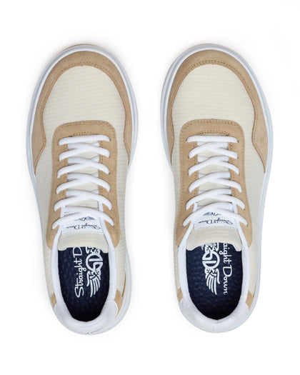 Straight Down Boardwalk Golf Shoe in Stone, top-down view of pair featuring cream canvas upper, tan suede overlays, white laces, and navy Straight Down wing logo insole