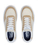 Straight Down Boardwalk Golf Shoe in Stone, top-down view of pair featuring cream canvas upper, tan suede overlays, white laces, and navy Straight Down wing logo insole