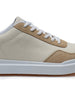 Straight Down Boardwalk Golf Shoe in Stone, close-up lateral side detail view featuring cream canvas upper, tan suede lace overlay and heel panel, white laces, and white outsole