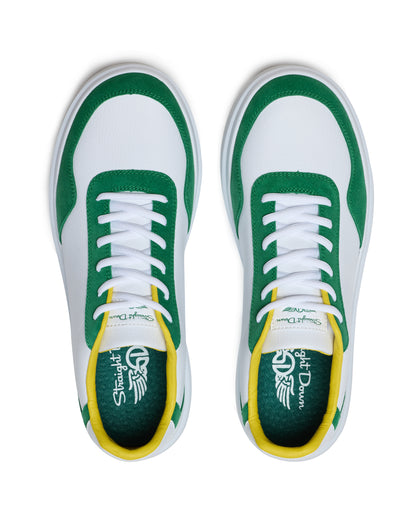 Straight Down Boardwalk Golf Shoe in Verde, top-down view of pair featuring white leather upper, green suede overlays, yellow collar lining, white laces, and green Straight Down wing logo insole