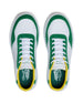 Straight Down Boardwalk Golf Shoe in Verde, top-down view of pair featuring white leather upper, green suede overlays, yellow collar lining, white laces, and green Straight Down wing logo insole