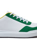Straight Down Boardwalk Golf Shoe in Verde, close-up lateral side detail view featuring white pebbled leather upper, green suede toe box and heel overlay, yellow collar trim, and white laces