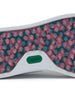 Straight Down Boardwalk Golf Shoe in Verde, close-up outsole detail view featuring floral hibiscus print with circular traction nubs in pink and blue tones and green Straight Down wing logo badge at arch