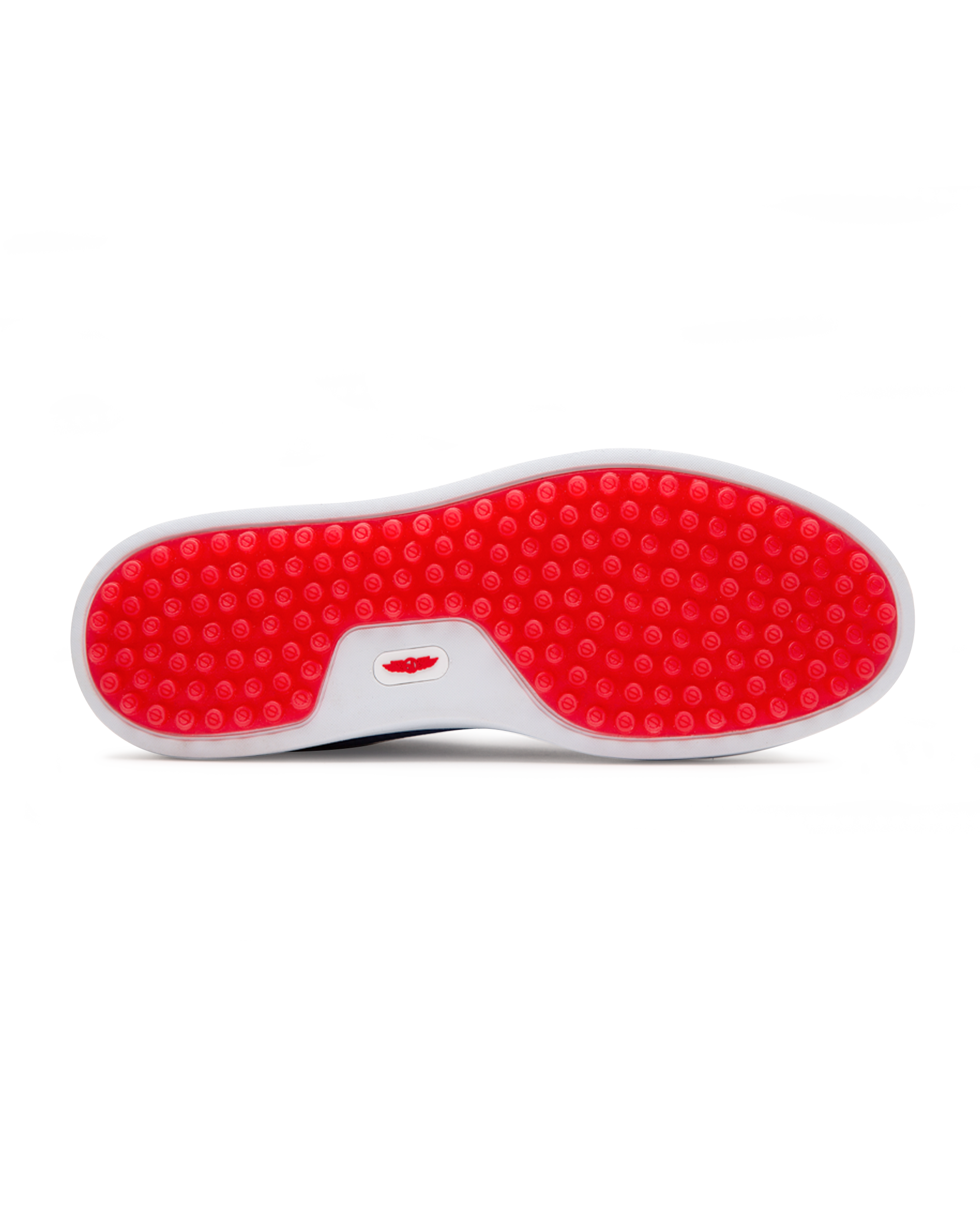 Straight Down Boardwalk Golf Shoe in Federal, bottom sole view featuring solid red circular traction nub outsole with white arch bridge and red Straight Down wing logo badge at center