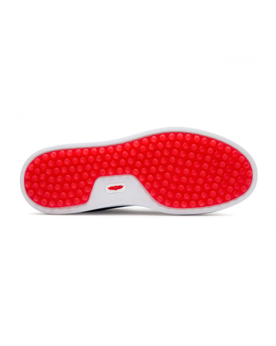 Straight Down Boardwalk Golf Shoe in Federal, bottom sole view featuring solid red circular traction nub outsole with white arch bridge and red Straight Down wing logo badge at center