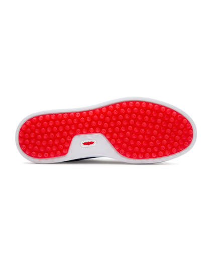 Straight Down Boardwalk Golf Shoe in Federal, bottom sole view featuring solid red circular traction nub outsole with white arch bridge and red Straight Down wing logo badge at center