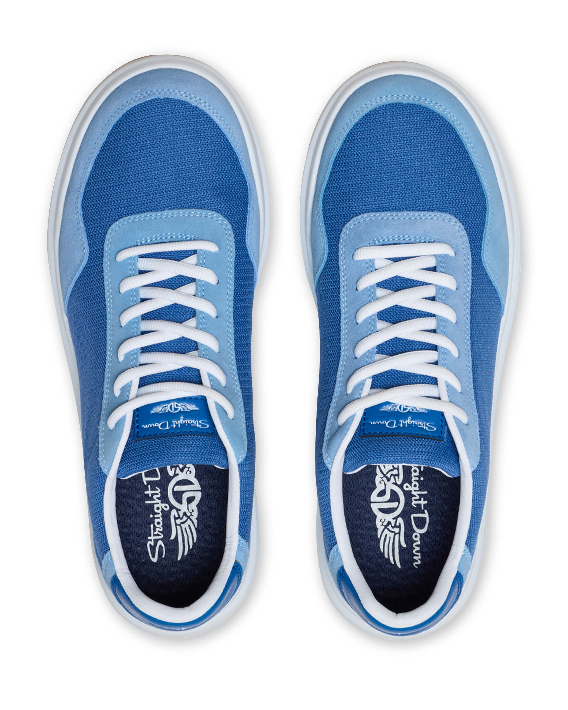Straight Down Boardwalk Golf Shoe in Federal, top-down view of pair featuring medium blue canvas upper, light blue suede overlays, white laces, blue Straight Down tongue tab, and navy Straight Down wing logo insole