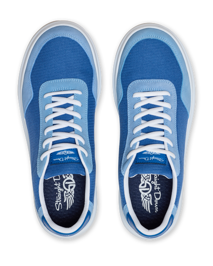 Straight Down Boardwalk Golf Shoe in Federal, top-down view of pair featuring medium blue canvas upper, light blue suede overlays, white laces, blue Straight Down tongue tab, and navy Straight Down wing logo insole