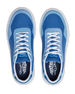 Straight Down Boardwalk Golf Shoe in Federal, top-down view of pair featuring medium blue canvas upper, light blue suede overlays, white laces, blue Straight Down tongue tab, and navy Straight Down wing logo insole