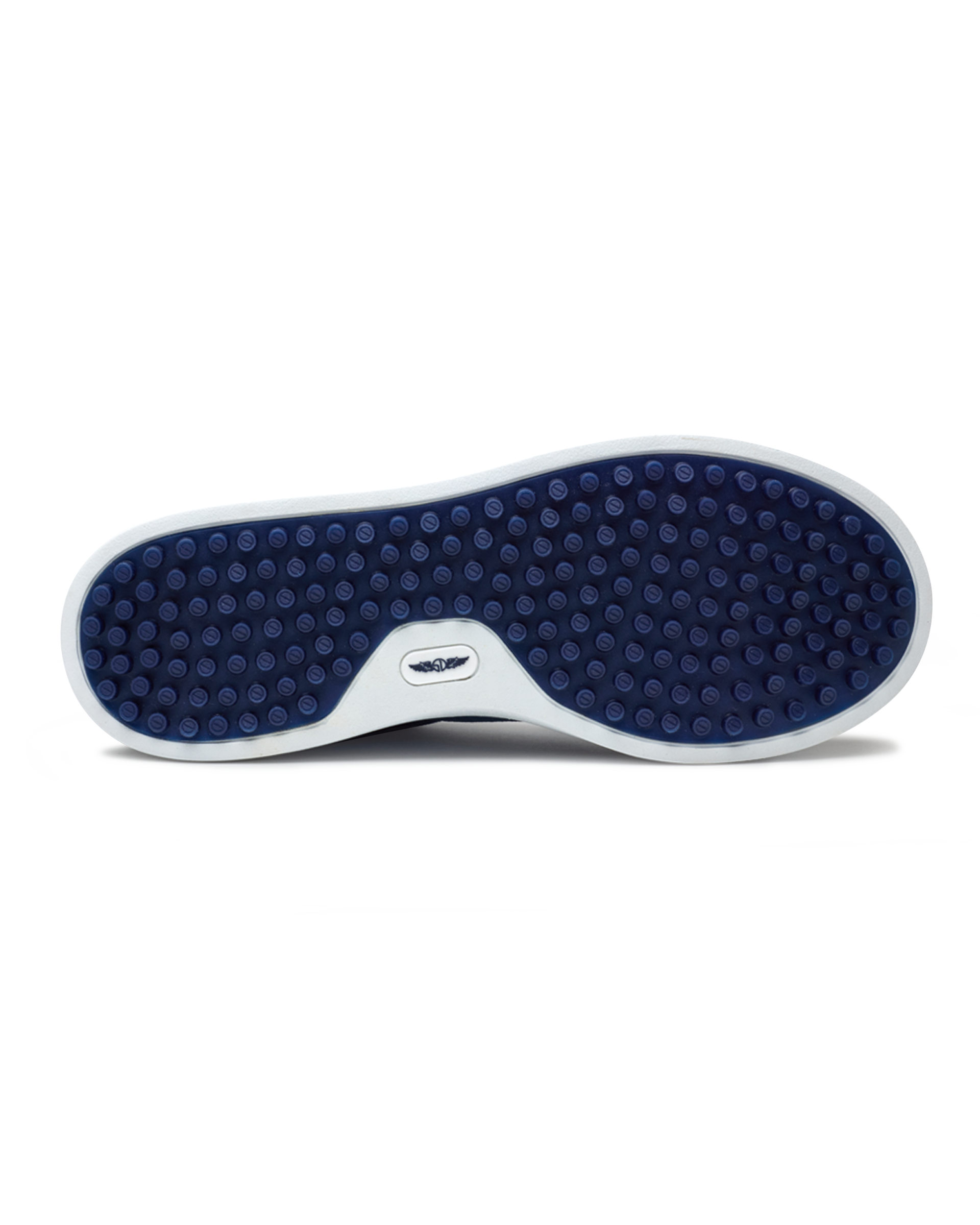 Straight Down Boardwalk Golf Shoe in Petrol, bottom sole view featuring solid navy circular traction nub outsole with white arch bridge and navy Straight Down wing logo badge at center