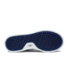 Straight Down Boardwalk Golf Shoe in Petrol, bottom sole view featuring solid navy circular traction nub outsole with white arch bridge and navy Straight Down wing logo badge at center
