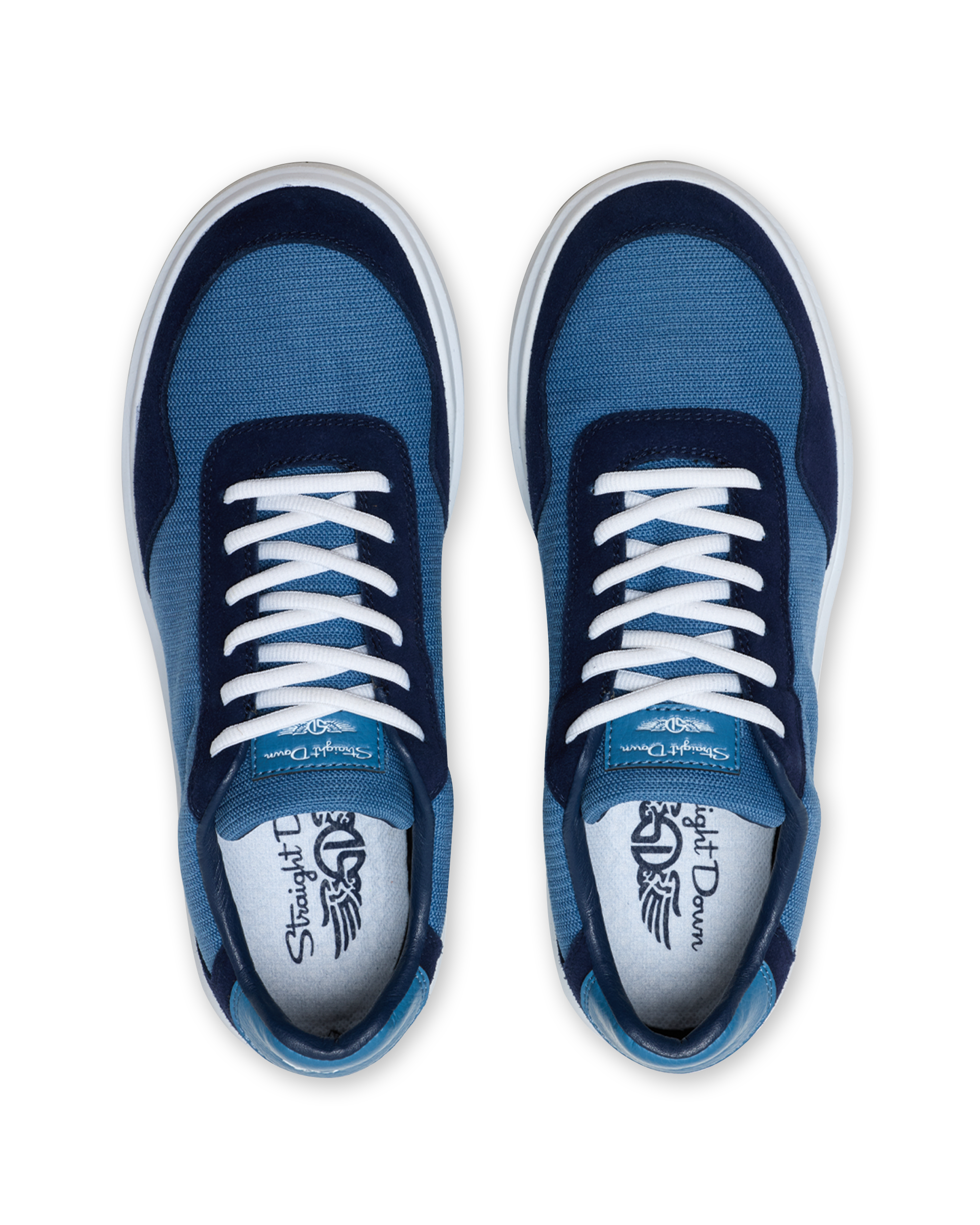 Straight Down Boardwalk Golf Shoe in Petrol, top-down view of pair featuring medium blue canvas upper, navy suede overlays, white laces, and light blue Straight Down wing logo insole