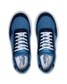 Straight Down Boardwalk Golf Shoe in Petrol, top-down view of pair featuring medium blue canvas upper, navy suede overlays, white laces, and light blue Straight Down wing logo insole
