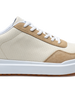 Straight Down Boardwalk Golf Shoe in Stone, close-up lateral side detail view featuring cream canvas upper, tan suede lace overlay and heel panel, white laces, and white outsole