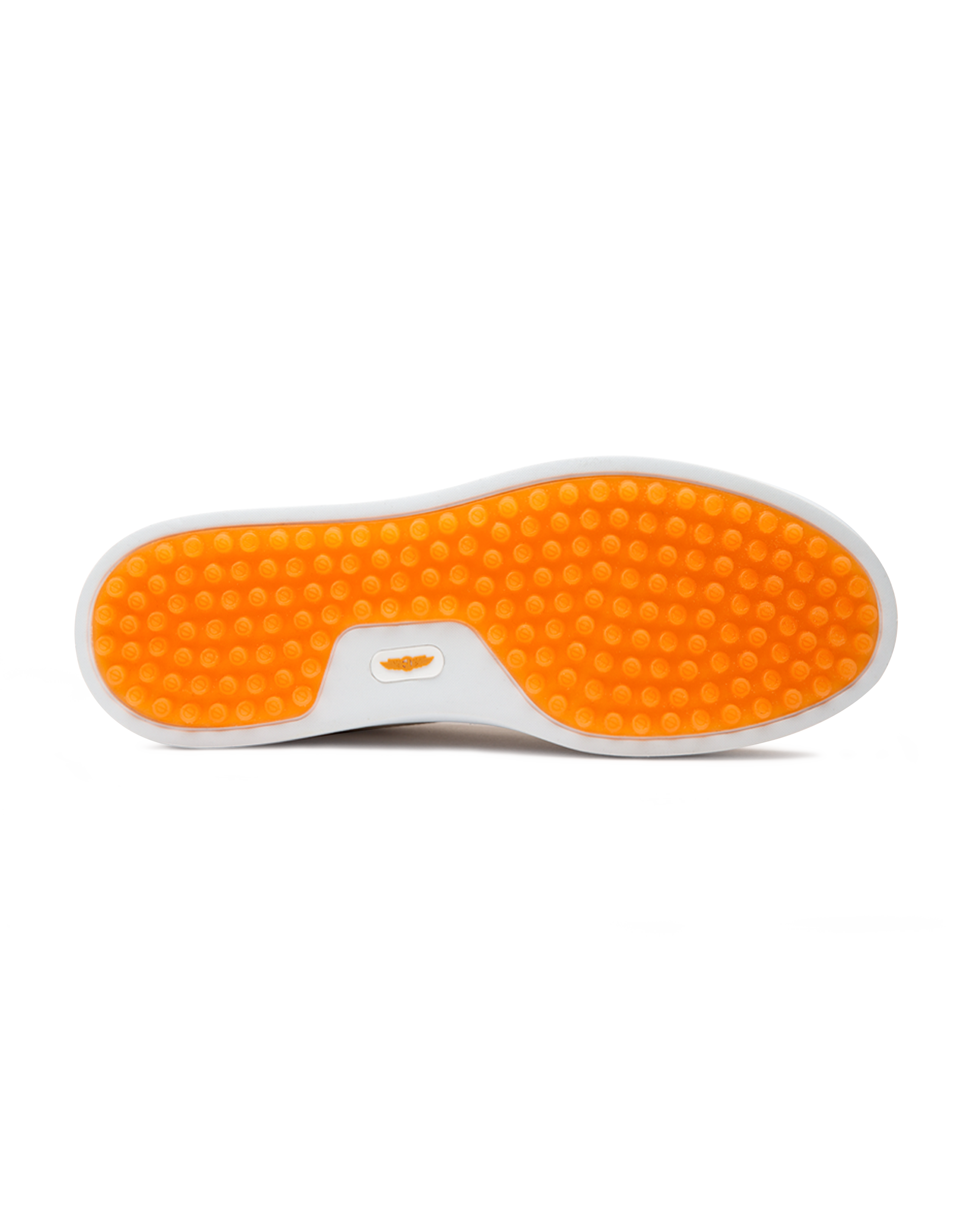 Straight Down Boardwalk Golf Shoe in Stone, bottom sole view featuring solid orange circular traction nub outsole with white arch bridge and orange Straight Down wing logo badge at center