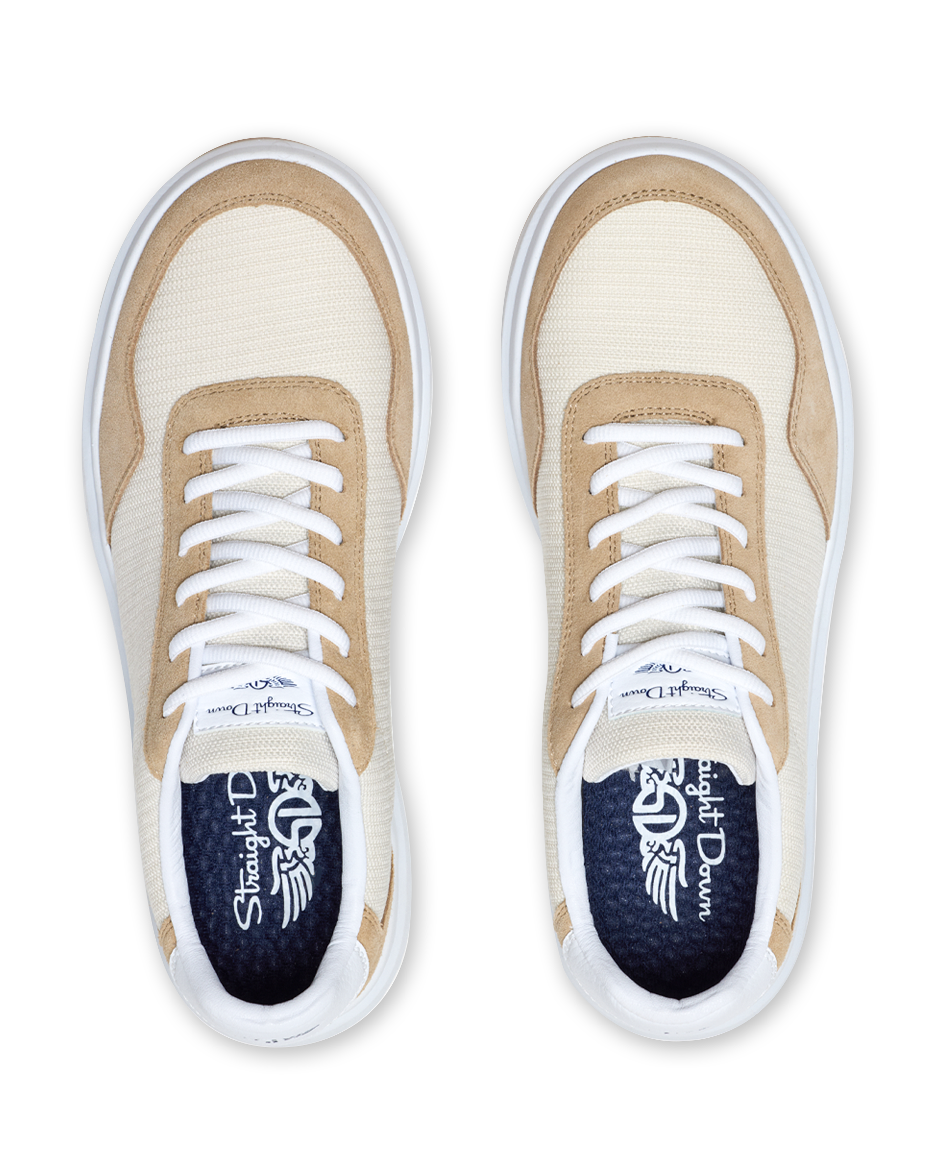 Straight Down Boardwalk Golf Shoe in Stone, top-down view of pair featuring cream canvas upper, tan suede overlays, white laces, and navy Straight Down wing logo insole