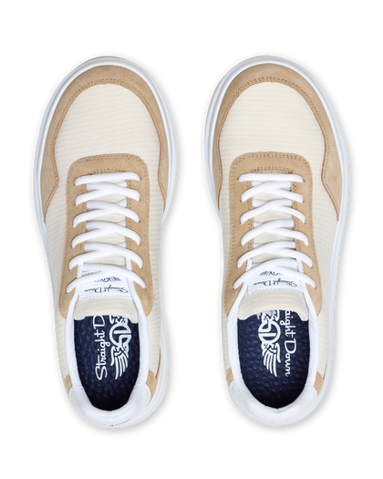 Straight Down Boardwalk Golf Shoe in Stone, top-down view of pair featuring cream canvas upper, tan suede overlays, white laces, and navy Straight Down wing logo insole