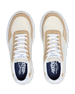 Straight Down Boardwalk Golf Shoe in Stone, top-down view of pair featuring cream canvas upper, tan suede overlays, white laces, and navy Straight Down wing logo insole