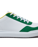 Straight Down Boardwalk Golf Shoe in Verde, close-up lateral side detail view featuring white pebbled leather upper, green suede toe box and heel overlay, yellow collar trim, and white laces