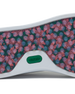 Straight Down Boardwalk Golf Shoe in Verde, close-up outsole detail view featuring floral hibiscus print with circular traction nubs in pink and blue tones and green Straight Down wing logo badge at arch
