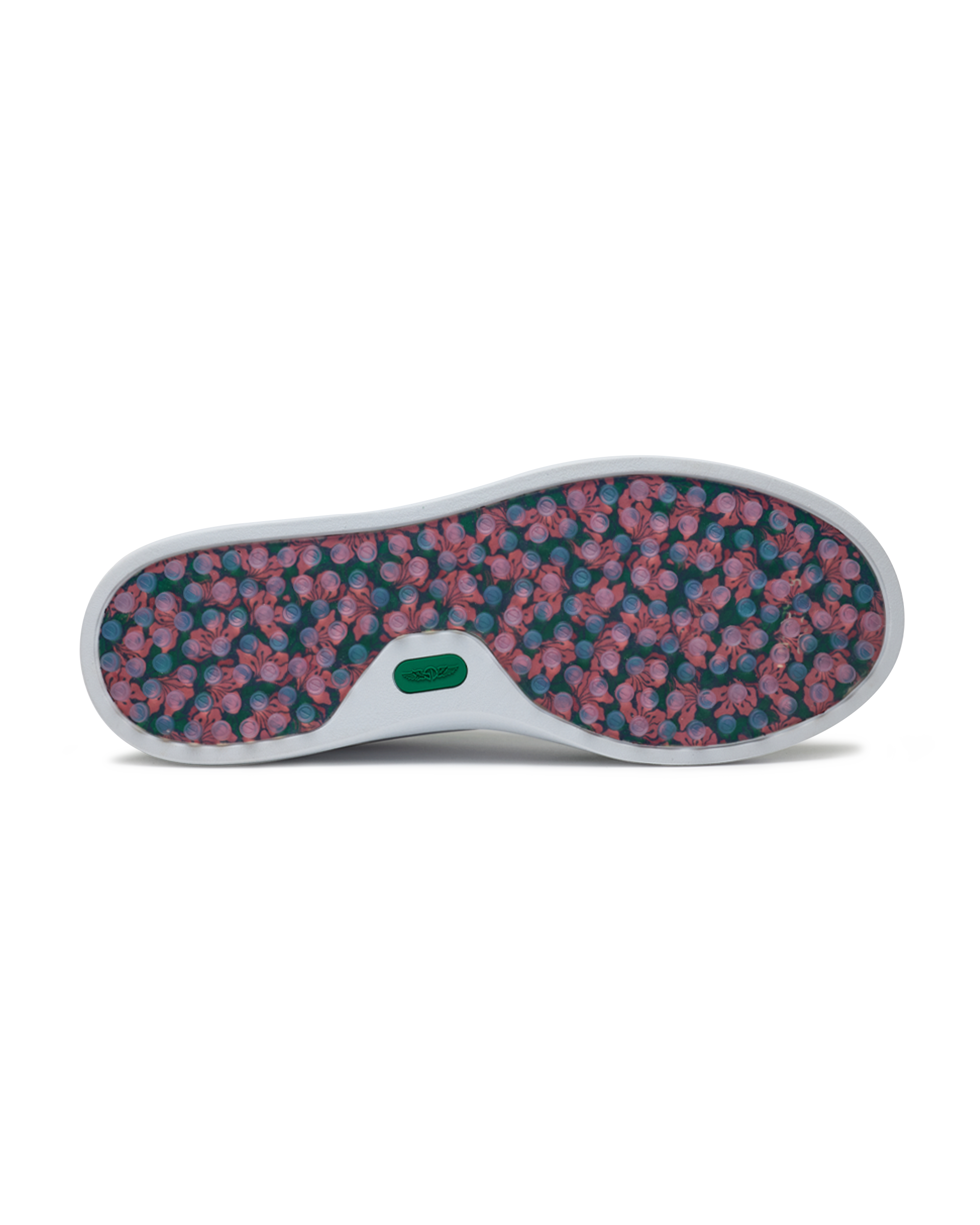 Straight Down Boardwalk Golf Shoe in Verde, bottom sole view featuring floral hibiscus print outsole with circular traction nubs in pink and blue tones and green Straight Down logo badge at arch