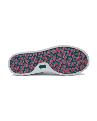 Straight Down Boardwalk Golf Shoe in Verde, bottom sole view featuring floral hibiscus print outsole with circular traction nubs in pink and blue tones and green Straight Down logo badge at arch